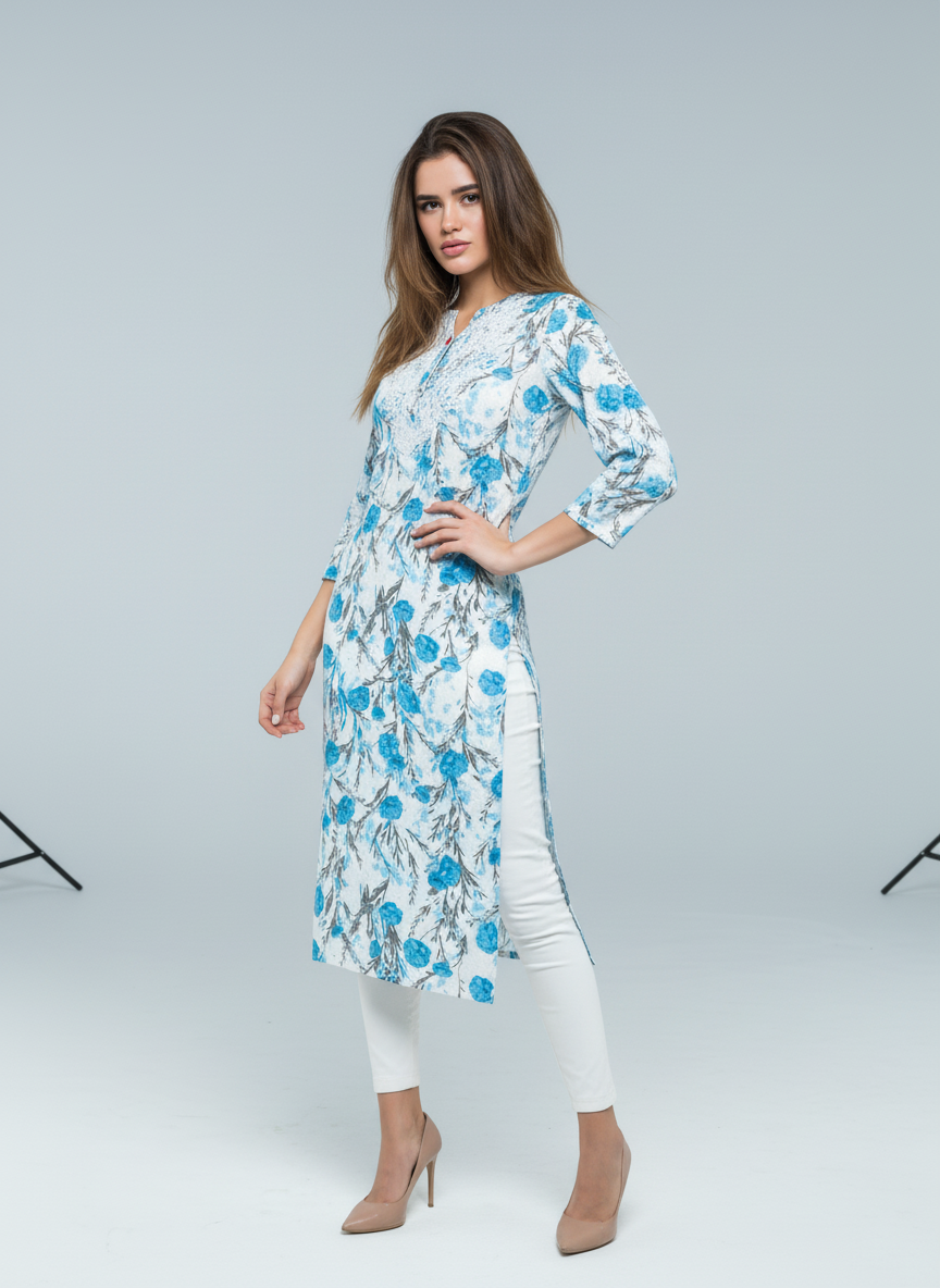 Mulmul Chikankari Aqua Bloom Printed Kurti