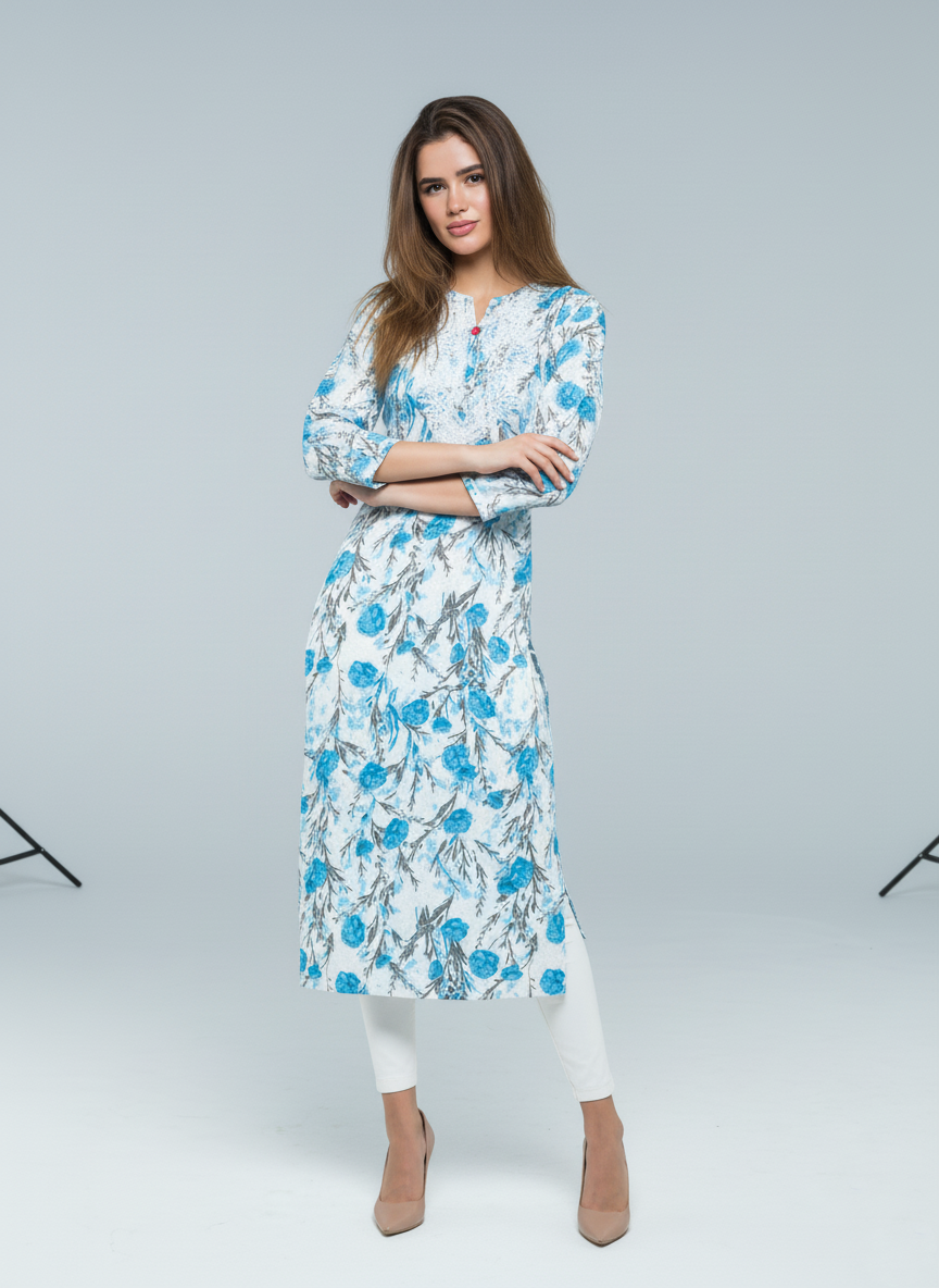 Mulmul Chikankari Aqua Bloom Printed Kurti