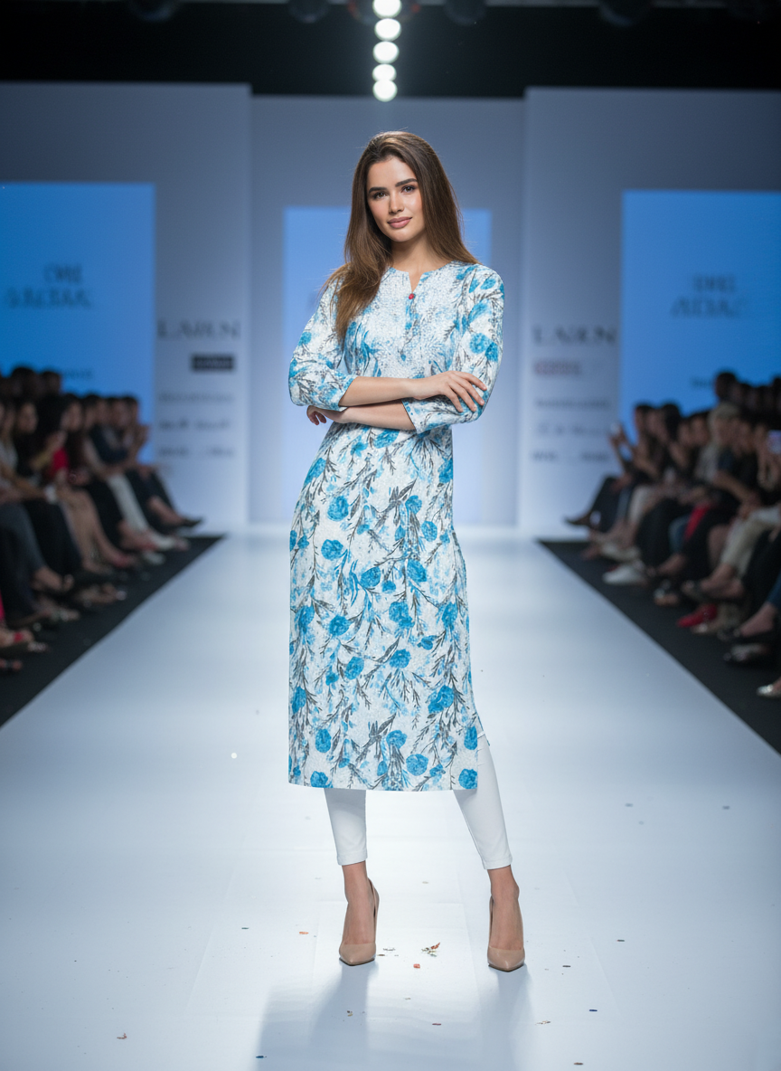 Mulmul Chikankari Aqua Bloom Printed Kurti