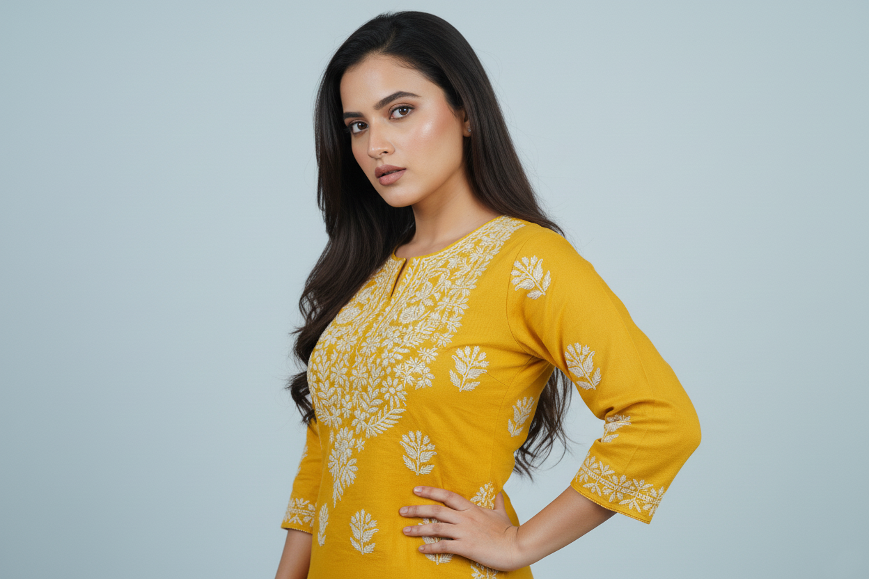 Modal Bright Yellow Handcrafted Kurti