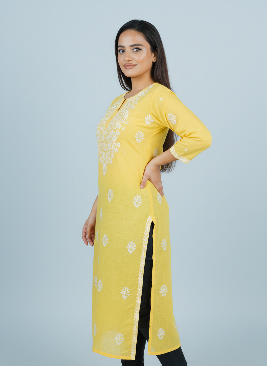 Modal Light Yellow Handcrafted Kurti