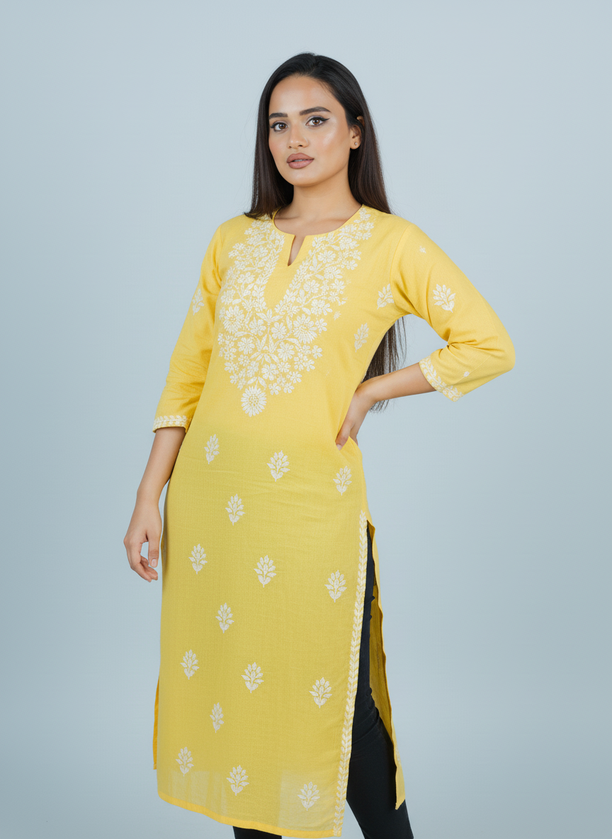 Modal Light Yellow Handcrafted Kurti