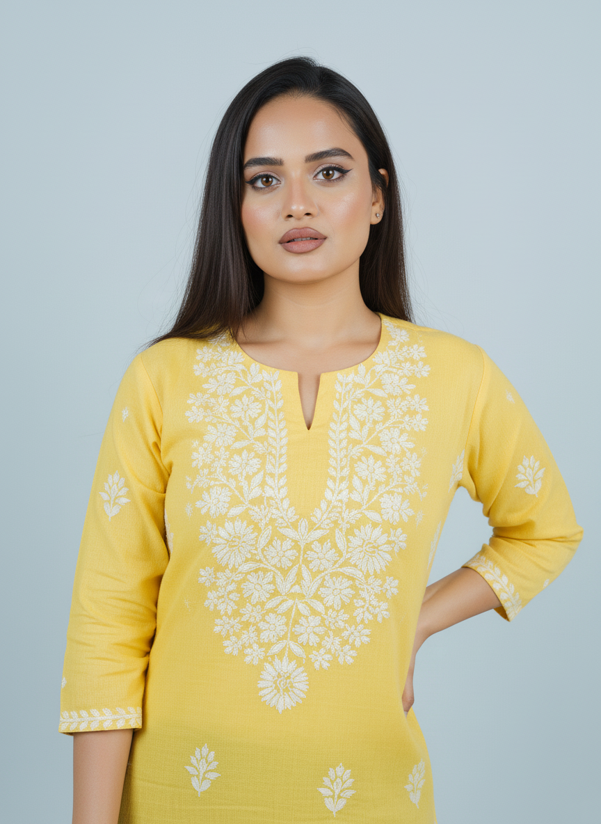 Modal Light Yellow Handcrafted Kurti