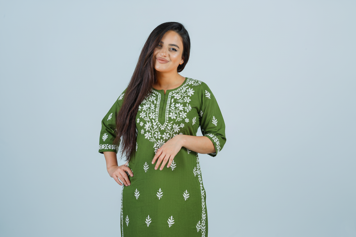 Rayon Dark Green Handcrafted Kurti