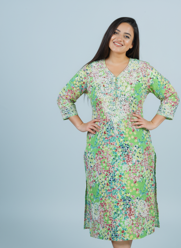Mulmul Chikankari Mint Green Multicolor Printed Kurti