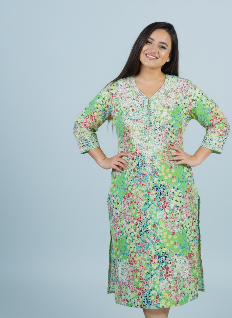 Mulmul Chikankari Mint Green Multicolor Printed Kurti