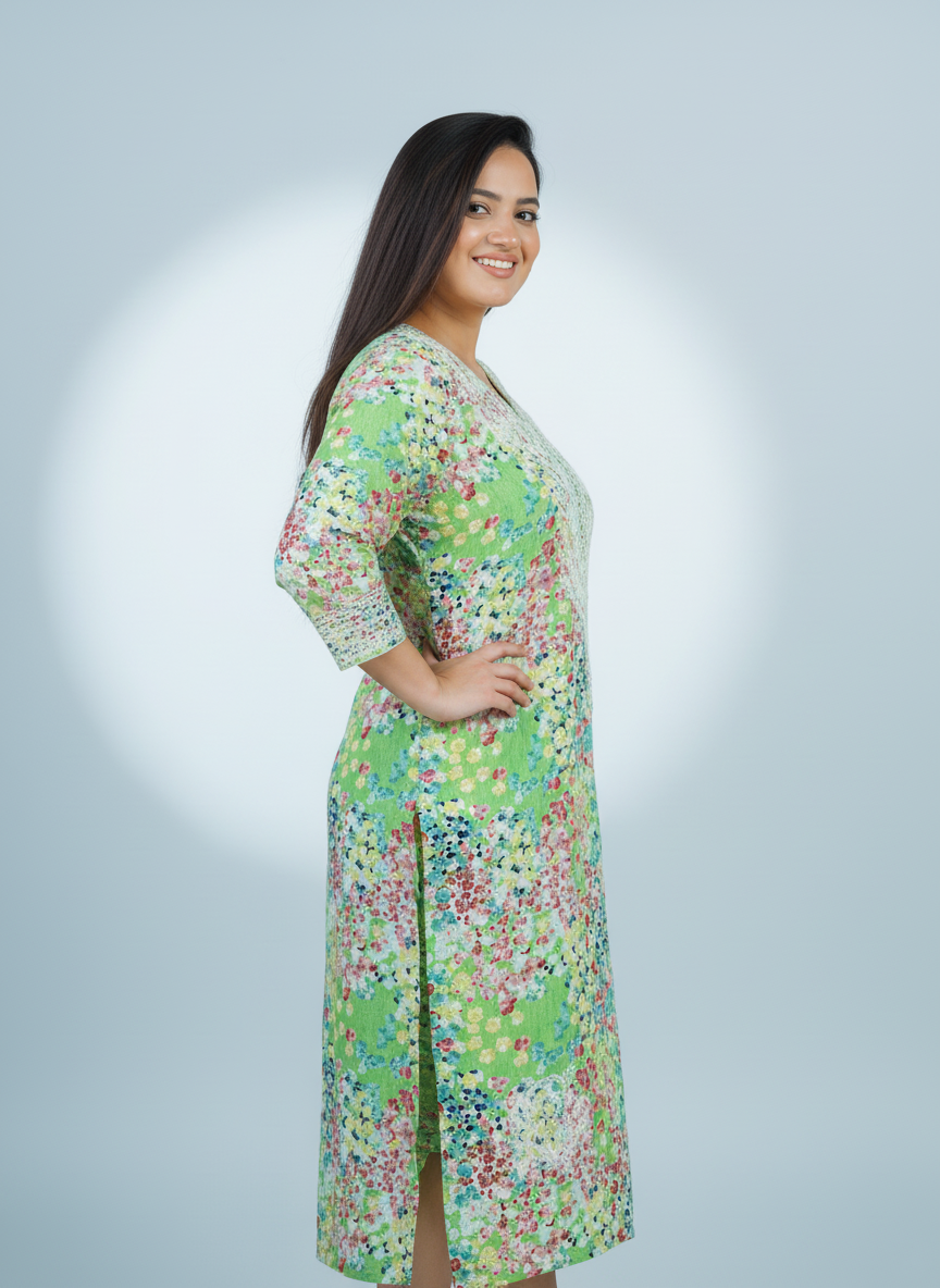 Mulmul Chikankari Mint Green Multicolor Printed Kurti