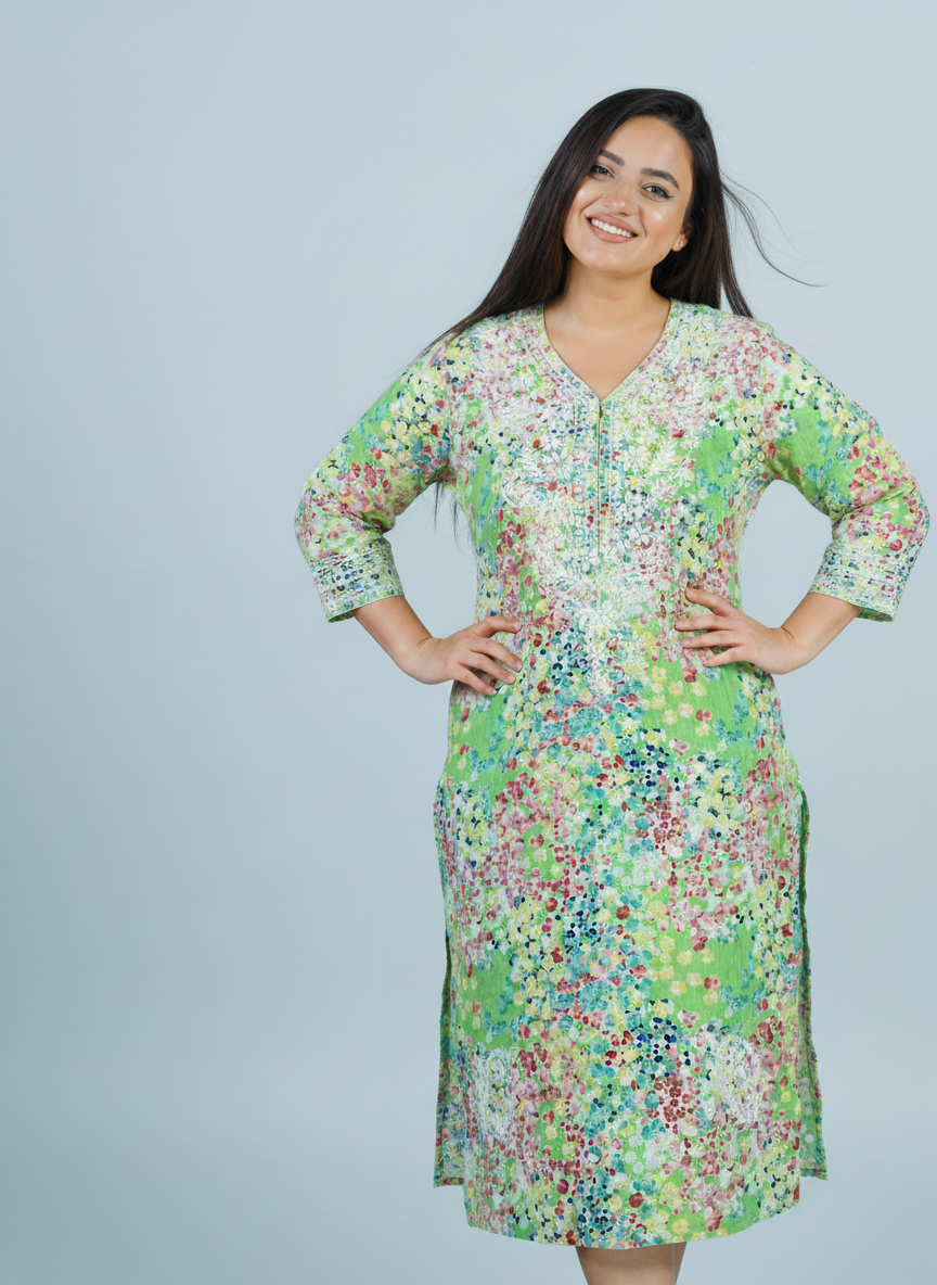 Mulmul Chikankari Mint Green Multicolor Printed Kurti