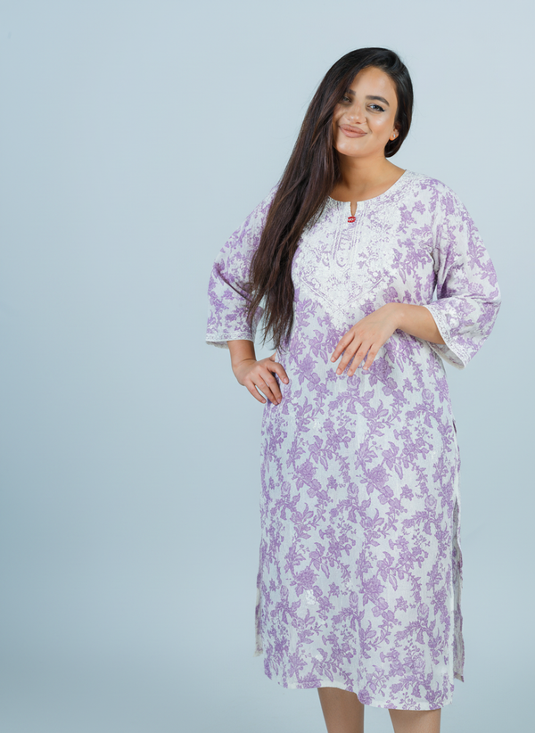 Mulmul Chikankari Lavender Floral Printed Kurti