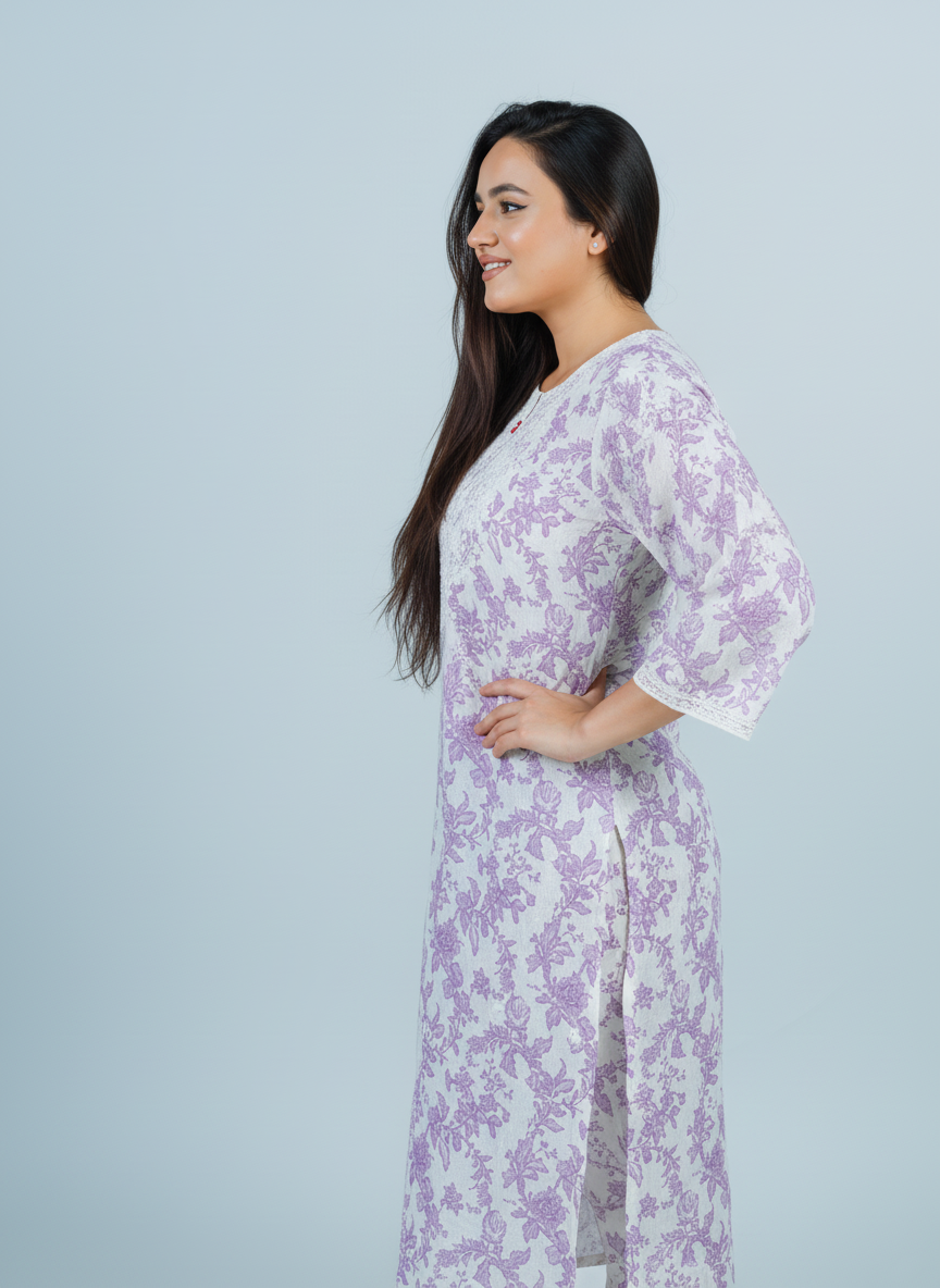 Mulmul Chikankari Lavender Floral Printed Kurti