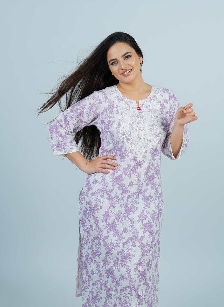 Mulmul Chikankari Lavender Floral Printed Kurti