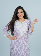 Mulmul Chikankari Lavender Floral Printed Kurti