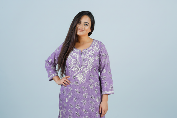 Mulmul Chikankari Dusty Lavender Printed Kurti