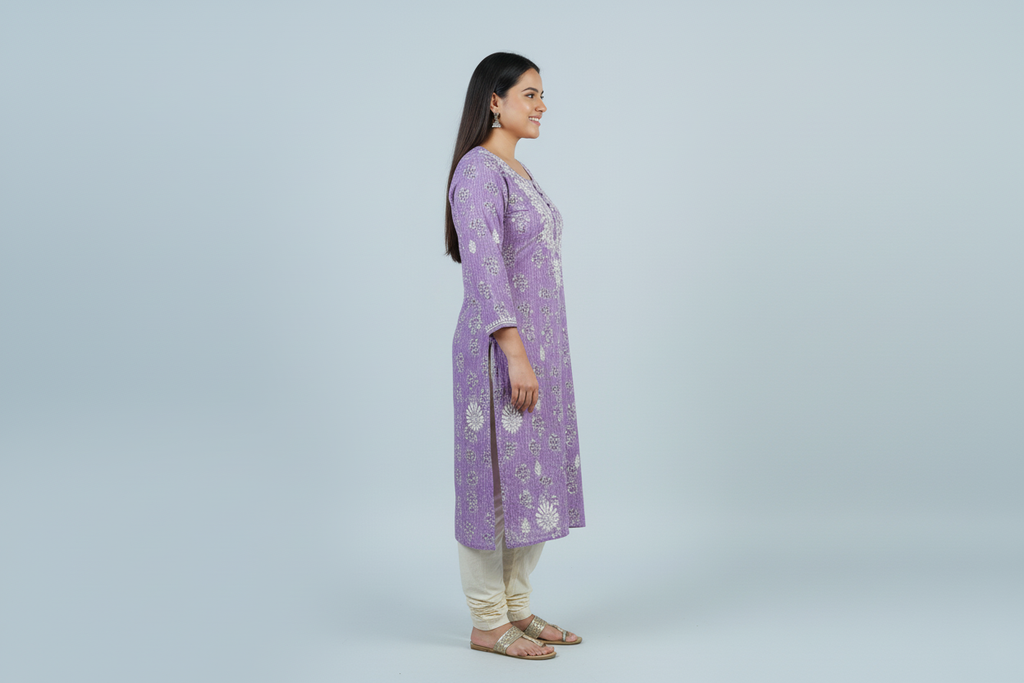 Mulmul Chikankari Dusty Lavender Printed Kurti