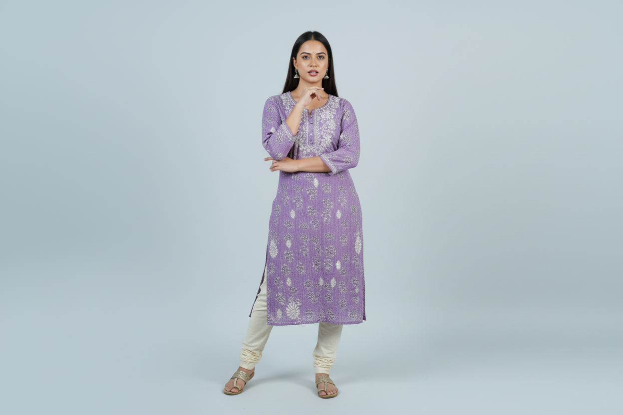 Mulmul Chikankari Dusty Lavender Printed Kurti