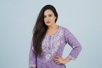 Mulmul Chikankari Dusty Lavender Printed Kurti