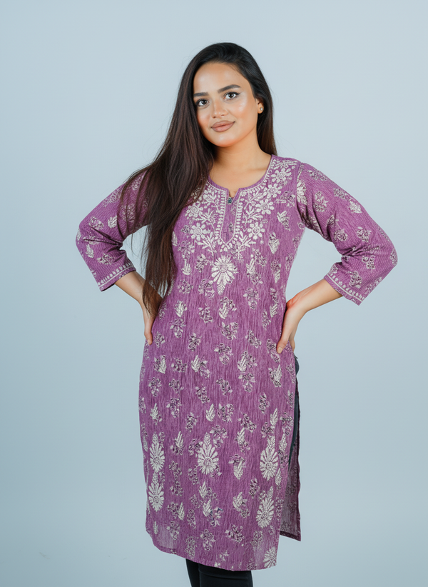 Mulmul Chikankari Mauve Pink Printed Kurti