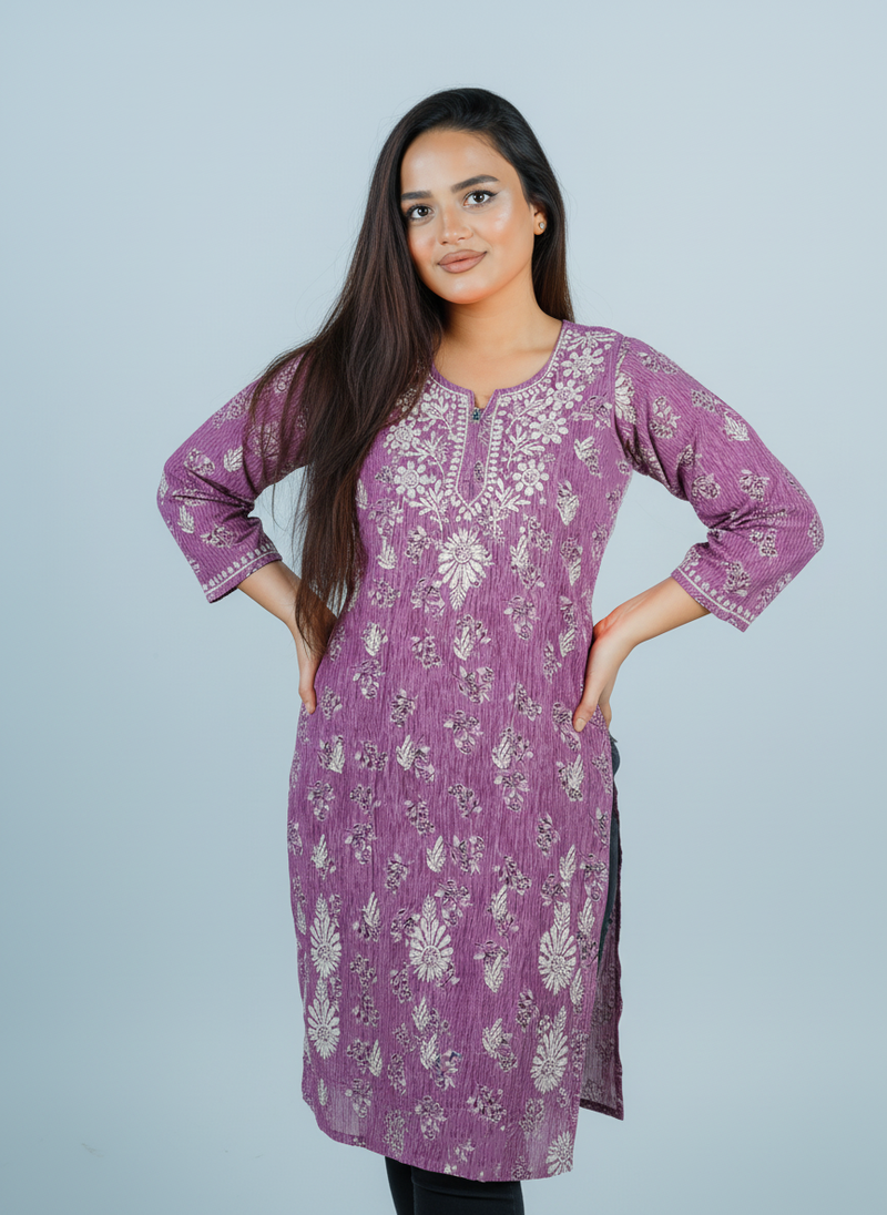 Mulmul Chikankari Mauve Pink Printed Kurti