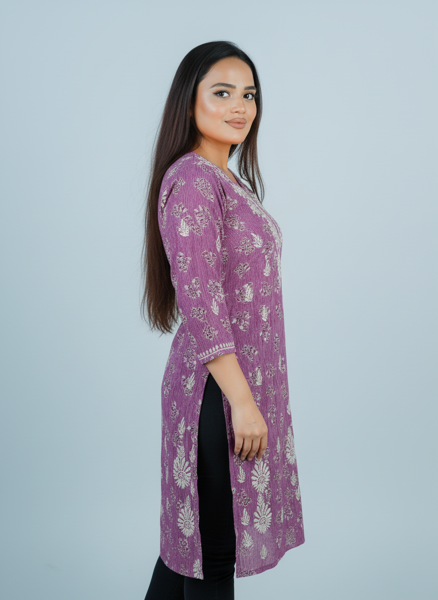 Mulmul Chikankari Mauve Pink Printed Kurti
