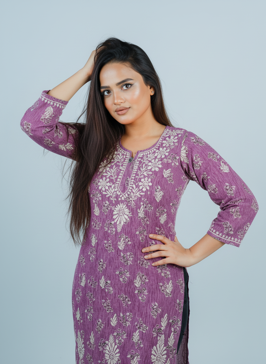 Mulmul Chikankari Mauve Pink Printed Kurti