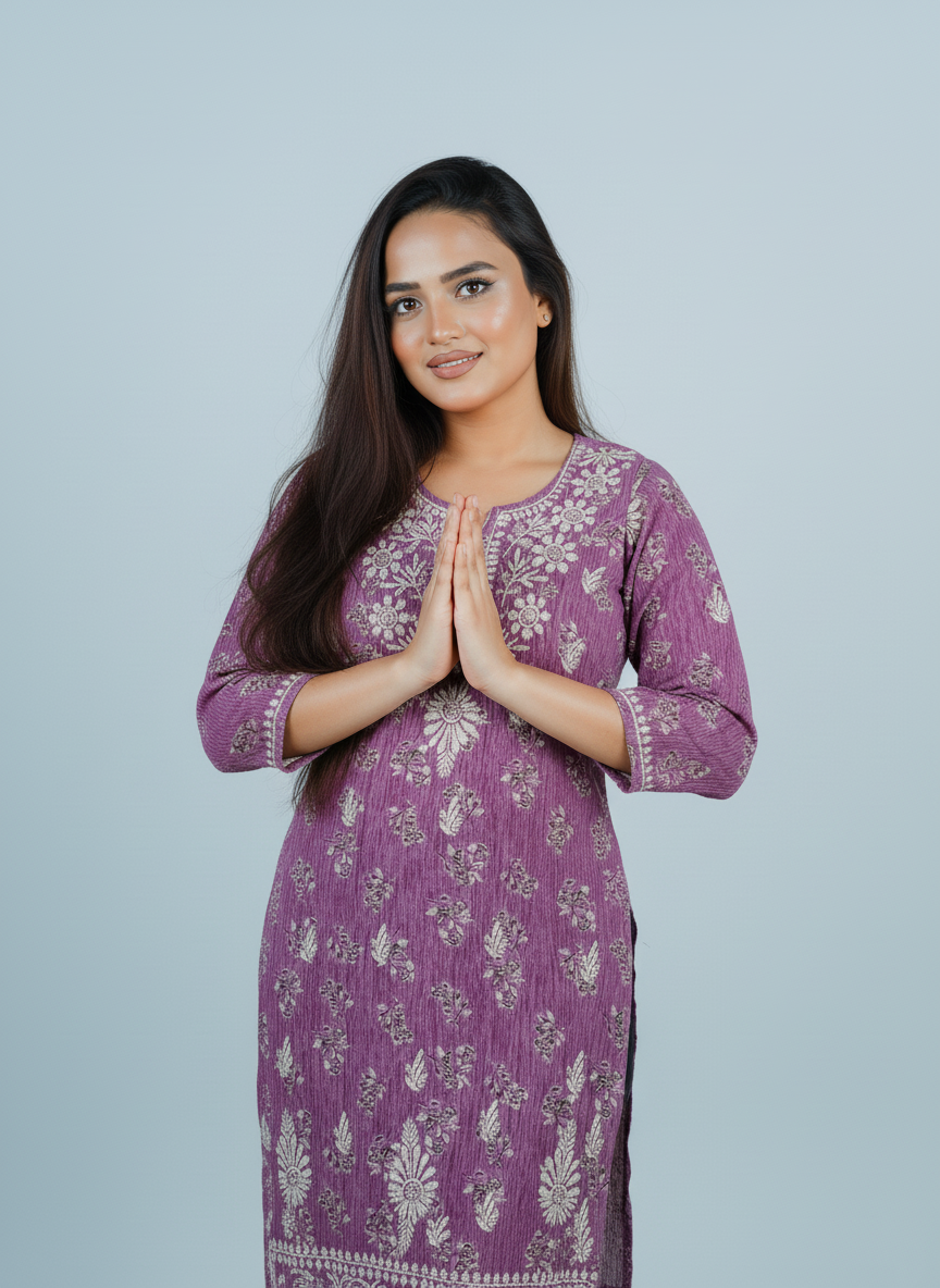 Mulmul Chikankari Mauve Pink Printed Kurti