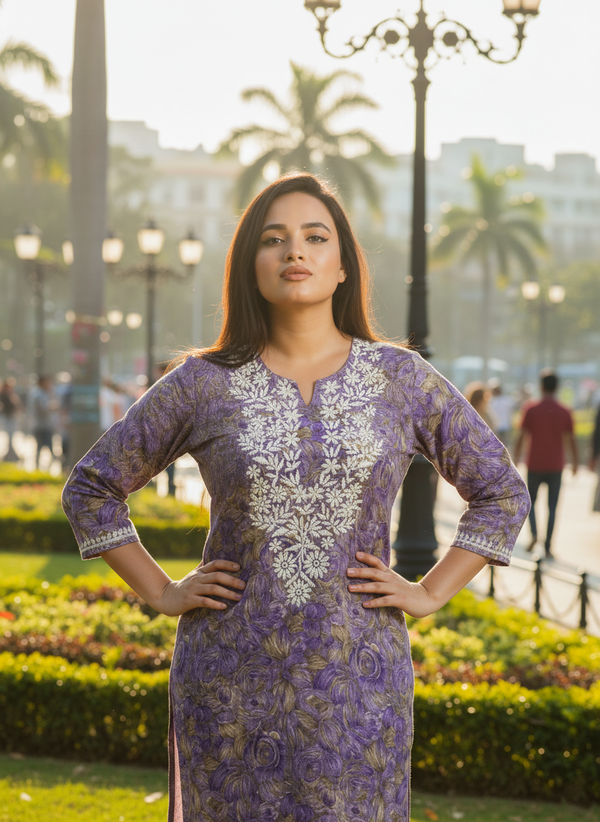 Mulmul Chikankari Purple and Olive Flora Printed Kurti