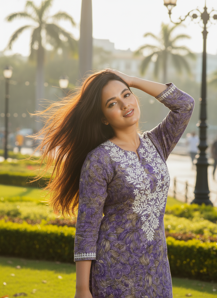 Mulmul Chikankari Purple and Olive Flora Printed Kurti