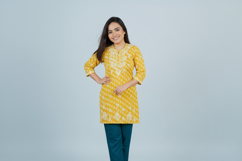 Mulmul Chikankari Mustard Yellow Printed Kurti