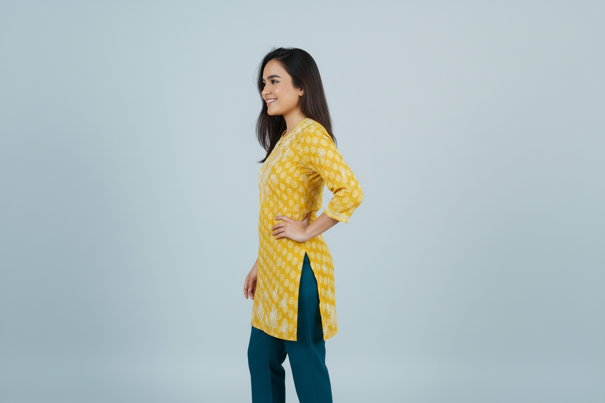 Mulmul Chikankari Mustard Yellow Printed Kurti