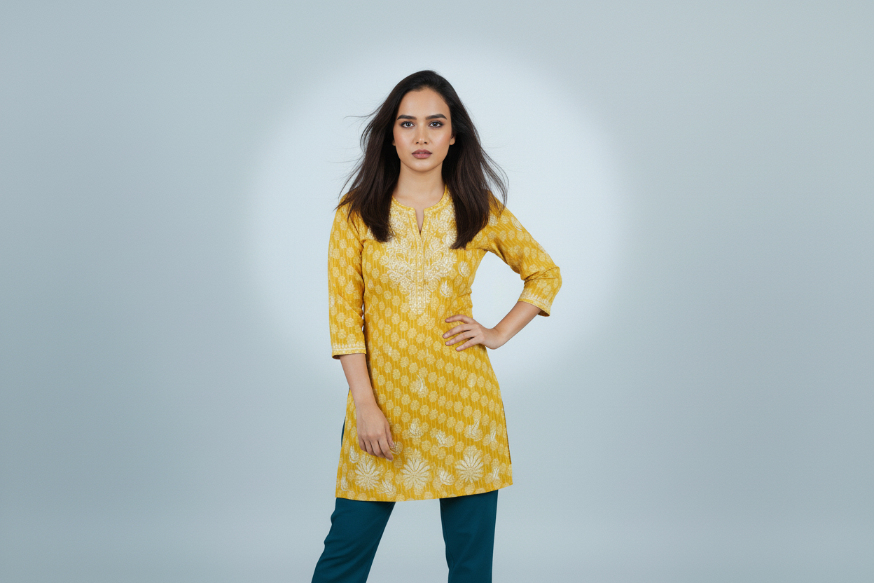 Mulmul Chikankari Mustard Yellow Printed Kurti