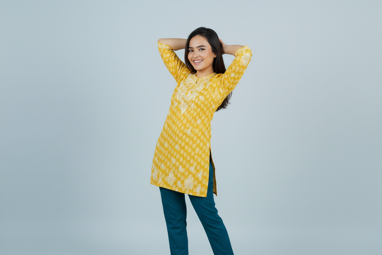 Mulmul Chikankari Mustard Yellow Printed Kurti