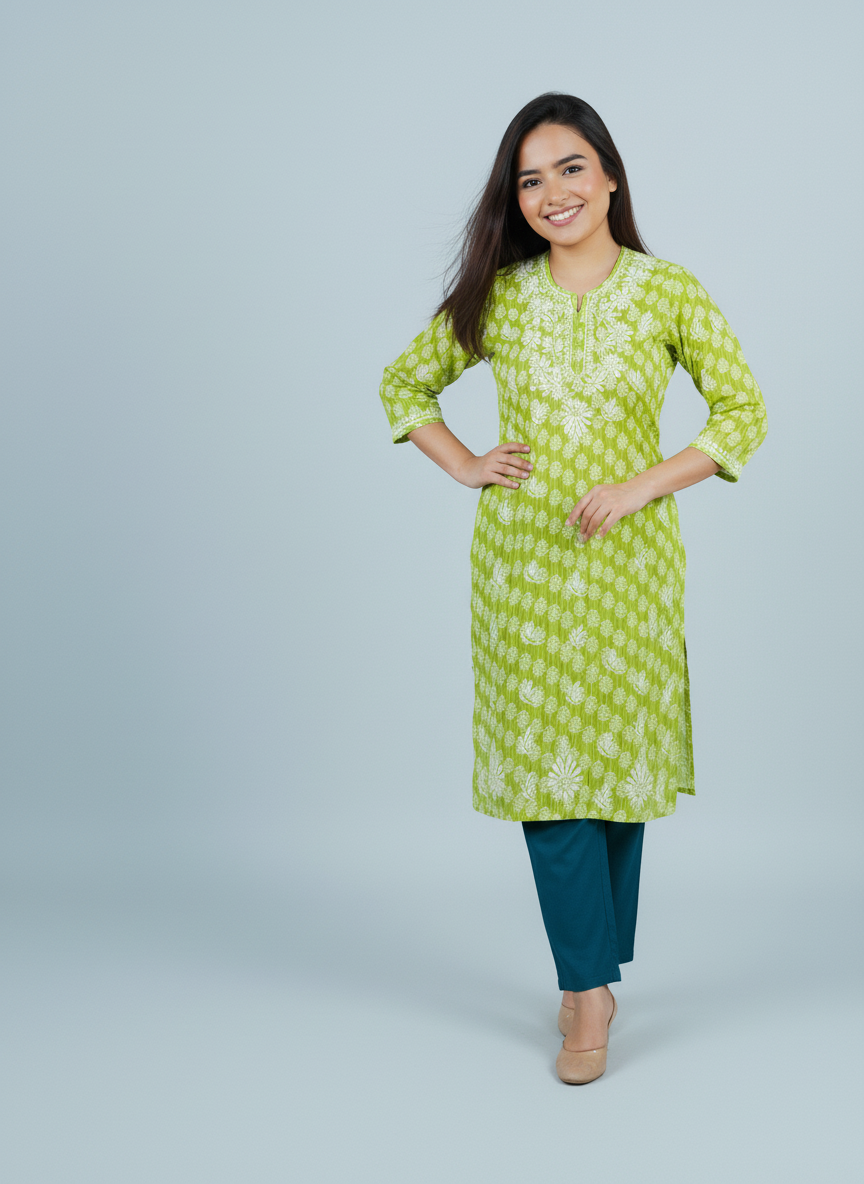 Mulmul Chikankari Lime Green Printed Kurti