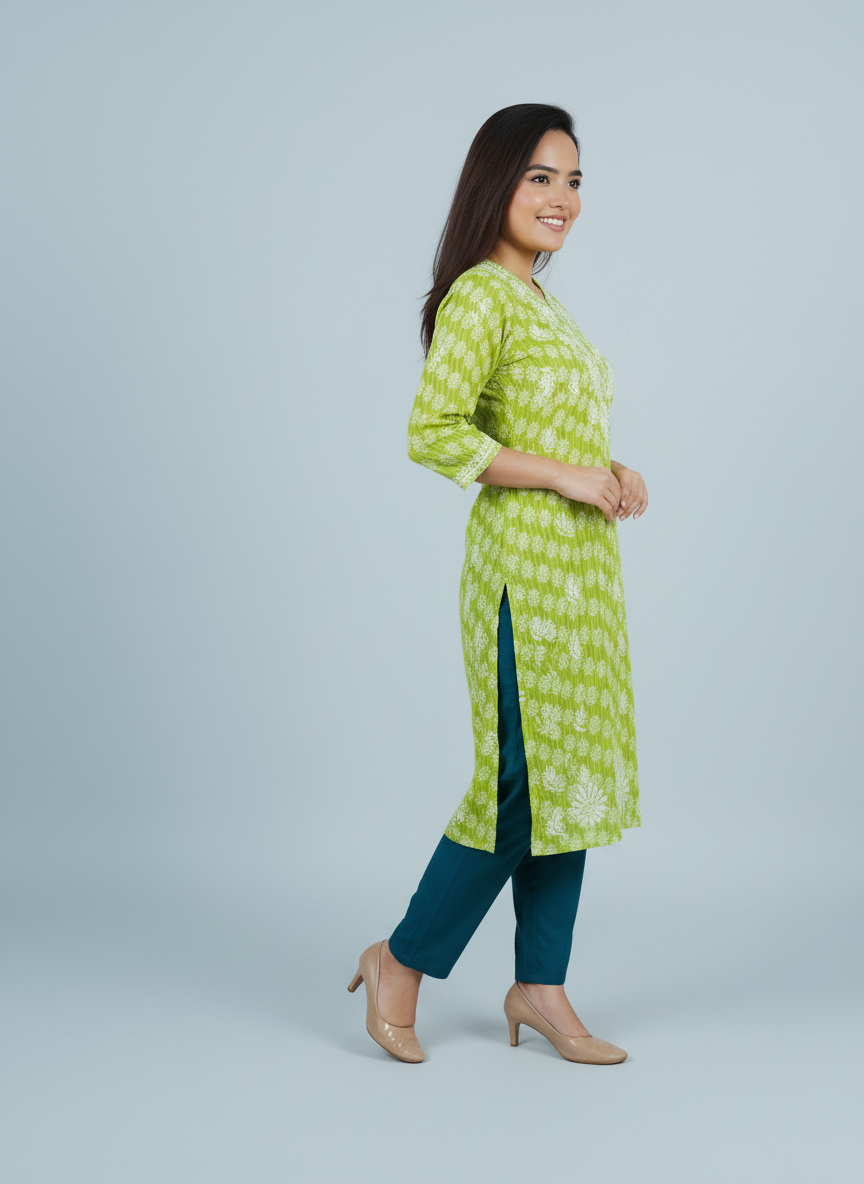 Mulmul Chikankari Lime Green Printed Kurti