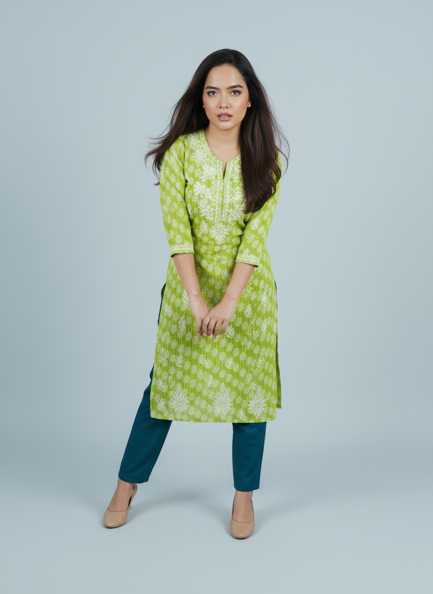 Mulmul Chikankari Lime Green Printed Kurti
