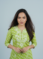 Mulmul Chikankari Lime Green Printed Kurti