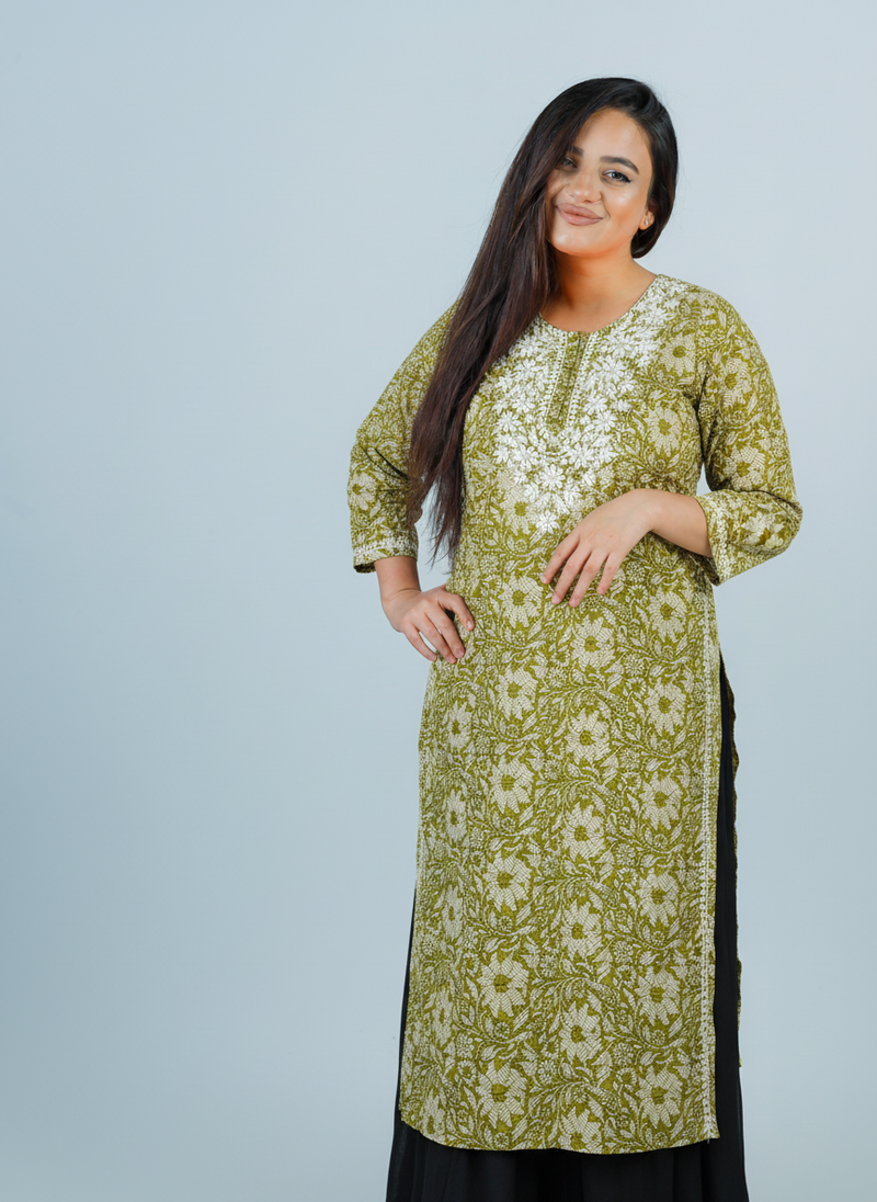Mulmul Chikankari Moss Green Printed Kurti