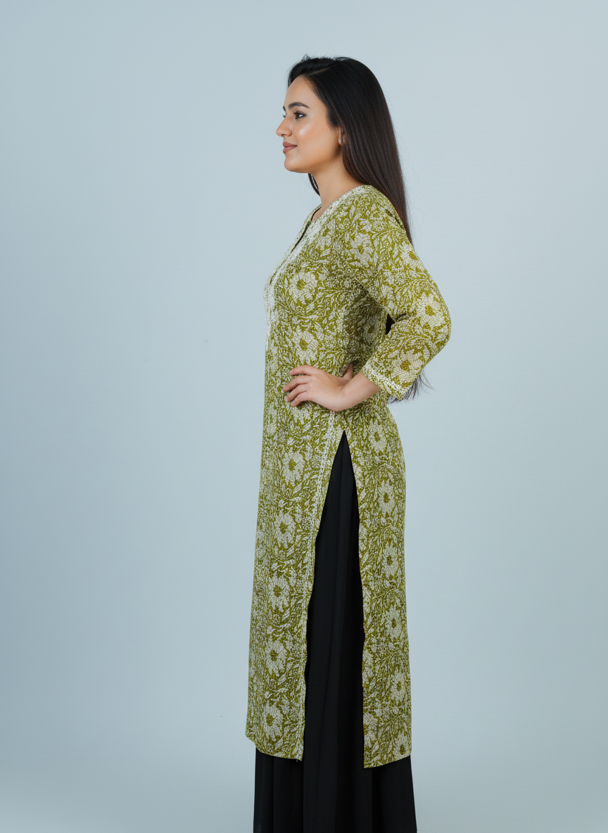 Mulmul Chikankari Moss Green Printed Kurti