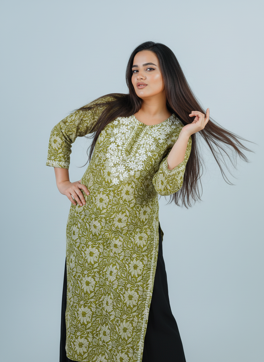 Mulmul Chikankari Moss Green Printed Kurti
