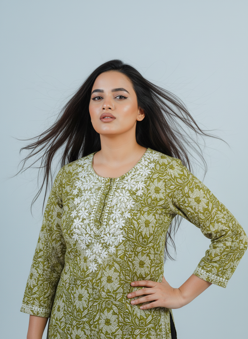 Mulmul Chikankari Moss Green Printed Kurti