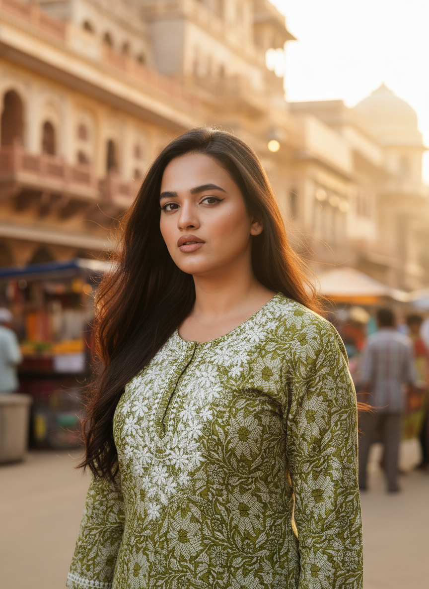 Mulmul Chikankari Moss Green Printed Kurti