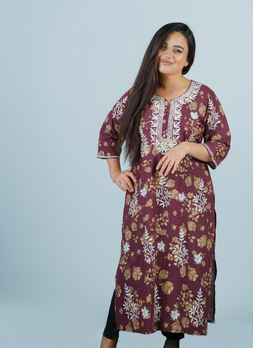 Mulmul Chikankari Deep Wine Printed Kurti