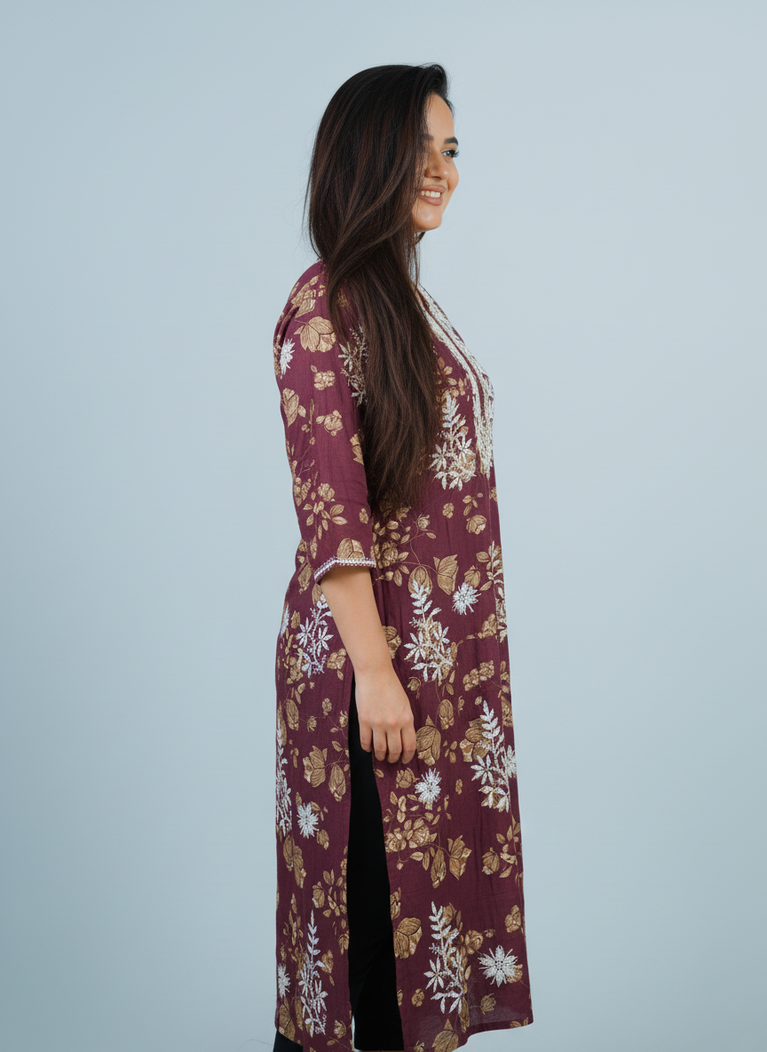 Mulmul Chikankari Deep Wine Printed Kurti
