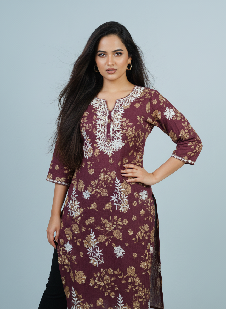 Mulmul Chikankari Deep Wine Printed Kurti