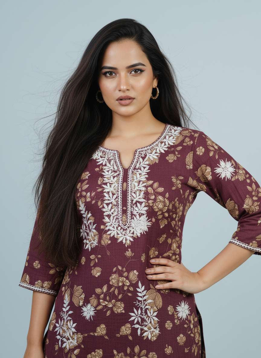 Mulmul Chikankari Deep Wine Printed Kurti