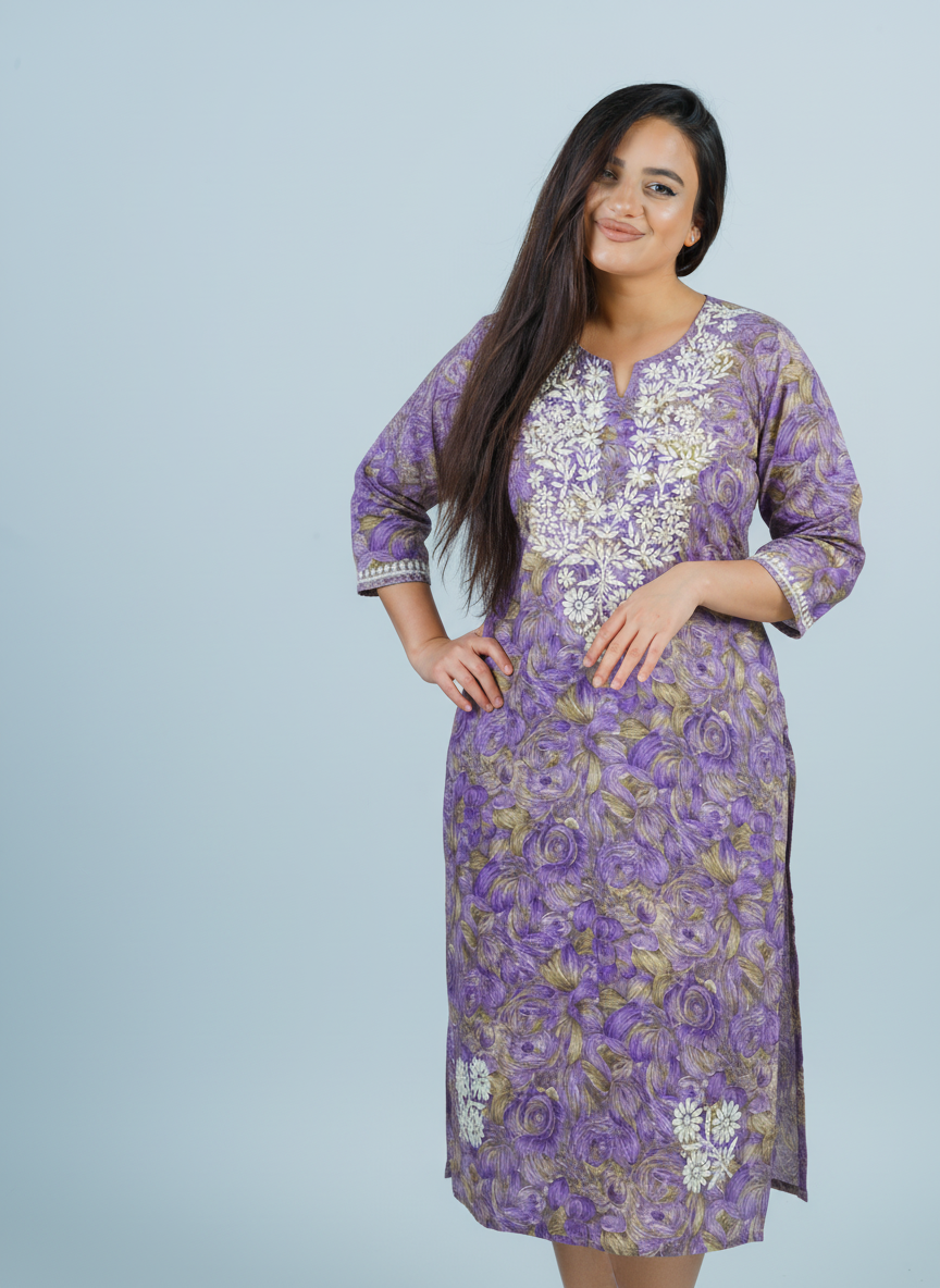 Mulmul Chikankari Purple and Olive Flora Printed Kurti
