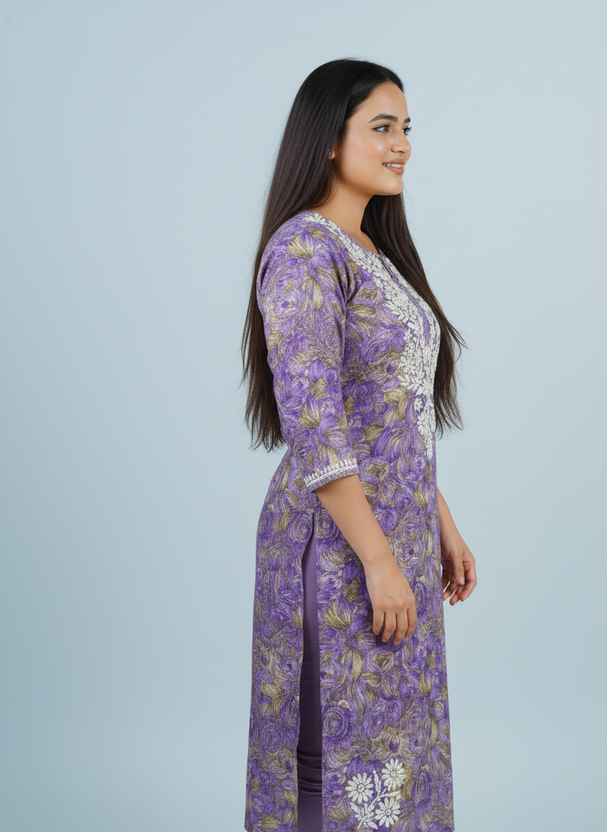 Mulmul Chikankari Purple and Olive Flora Printed Kurti
