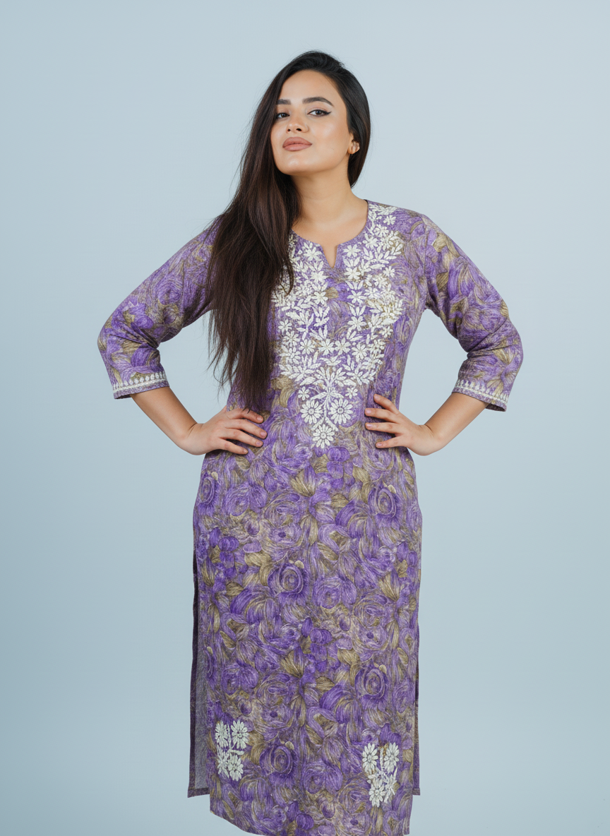 Mulmul Chikankari Purple and Olive Flora Printed Kurti