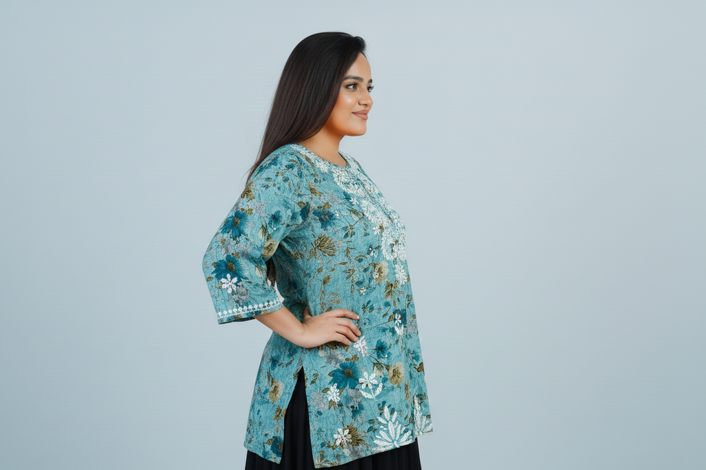 Turquoise Blue Mulmul Short Top