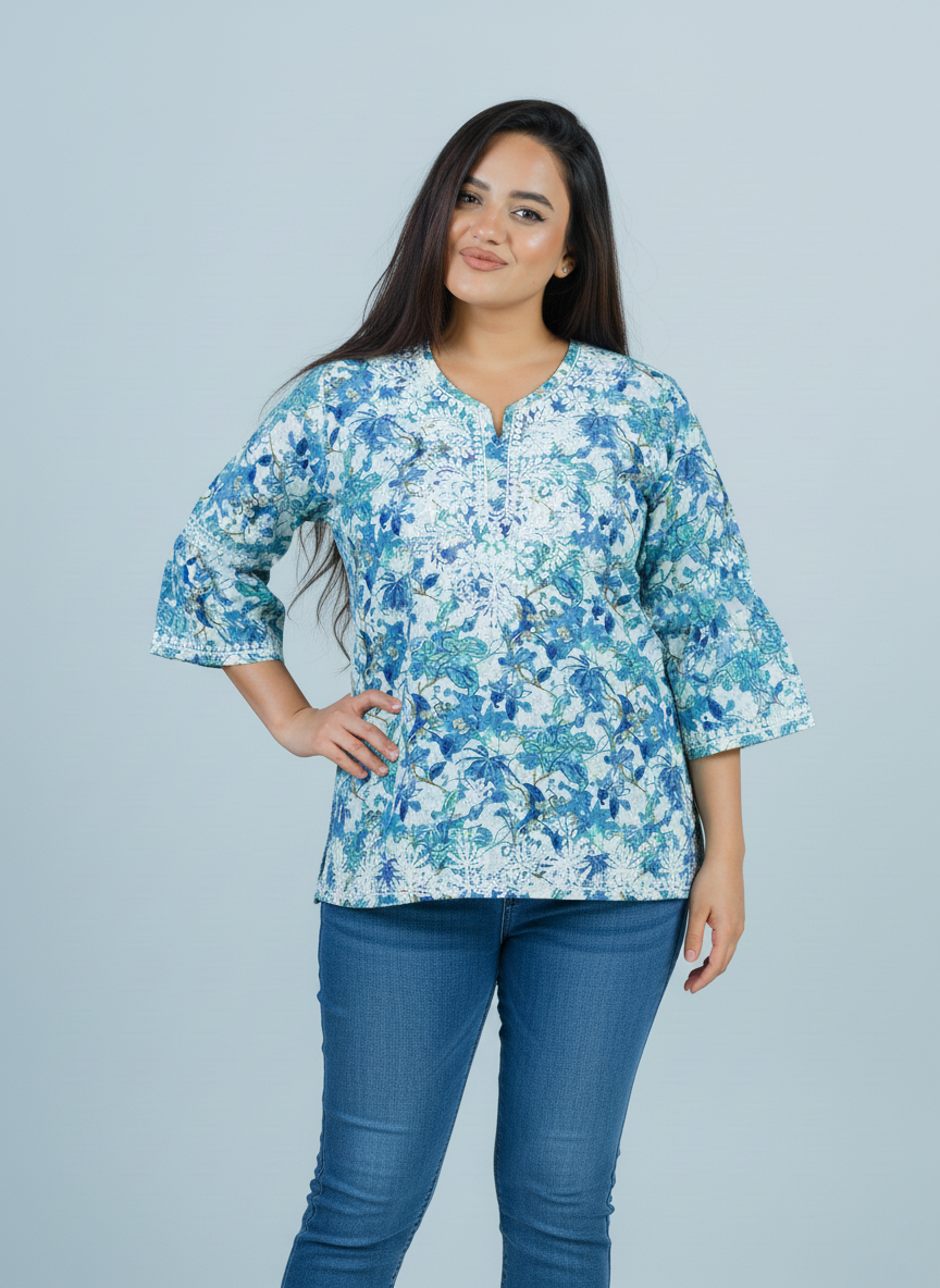 Blue Mulmul Chikankari kurti - Front view with Jeans