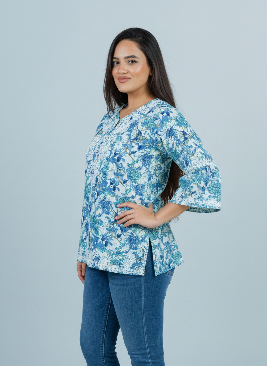 Blue Mulmul Chikankari kurti - Side View